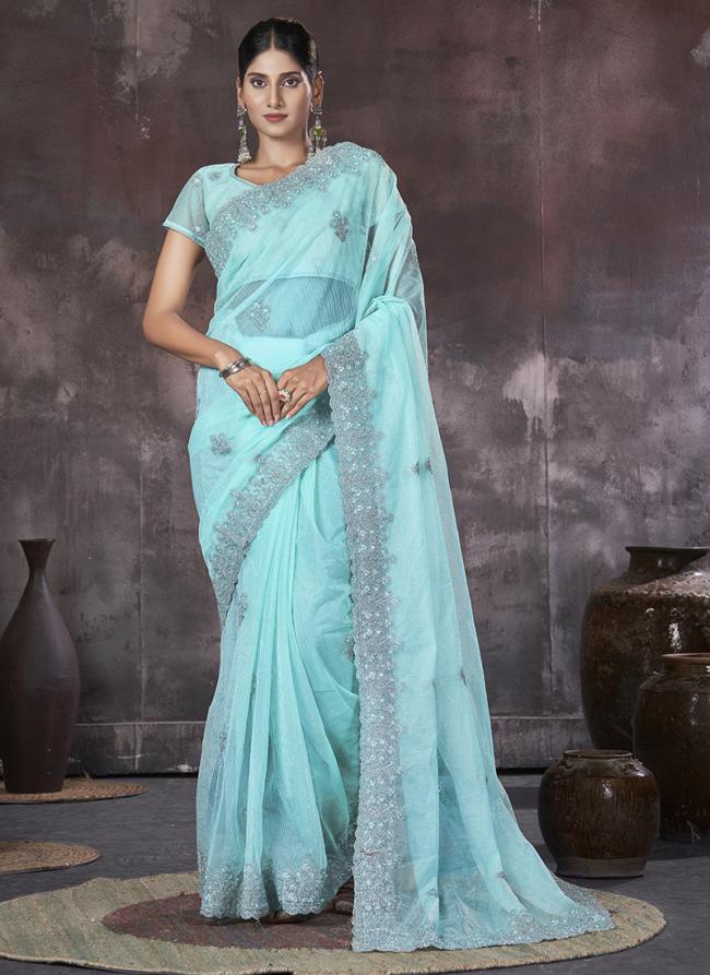 Organza Sky Blue Party Wear Embroidery Work Saree